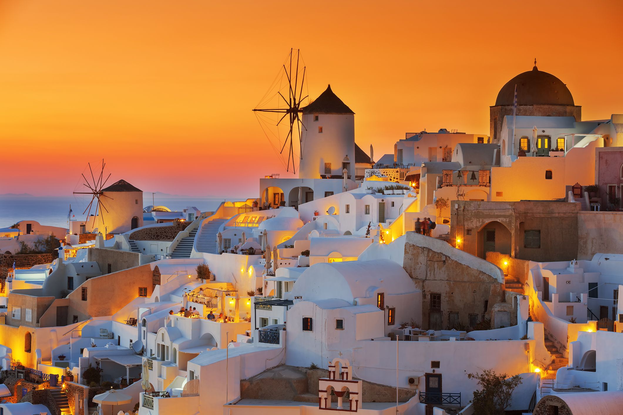 View of Oia at sunset in Santorini