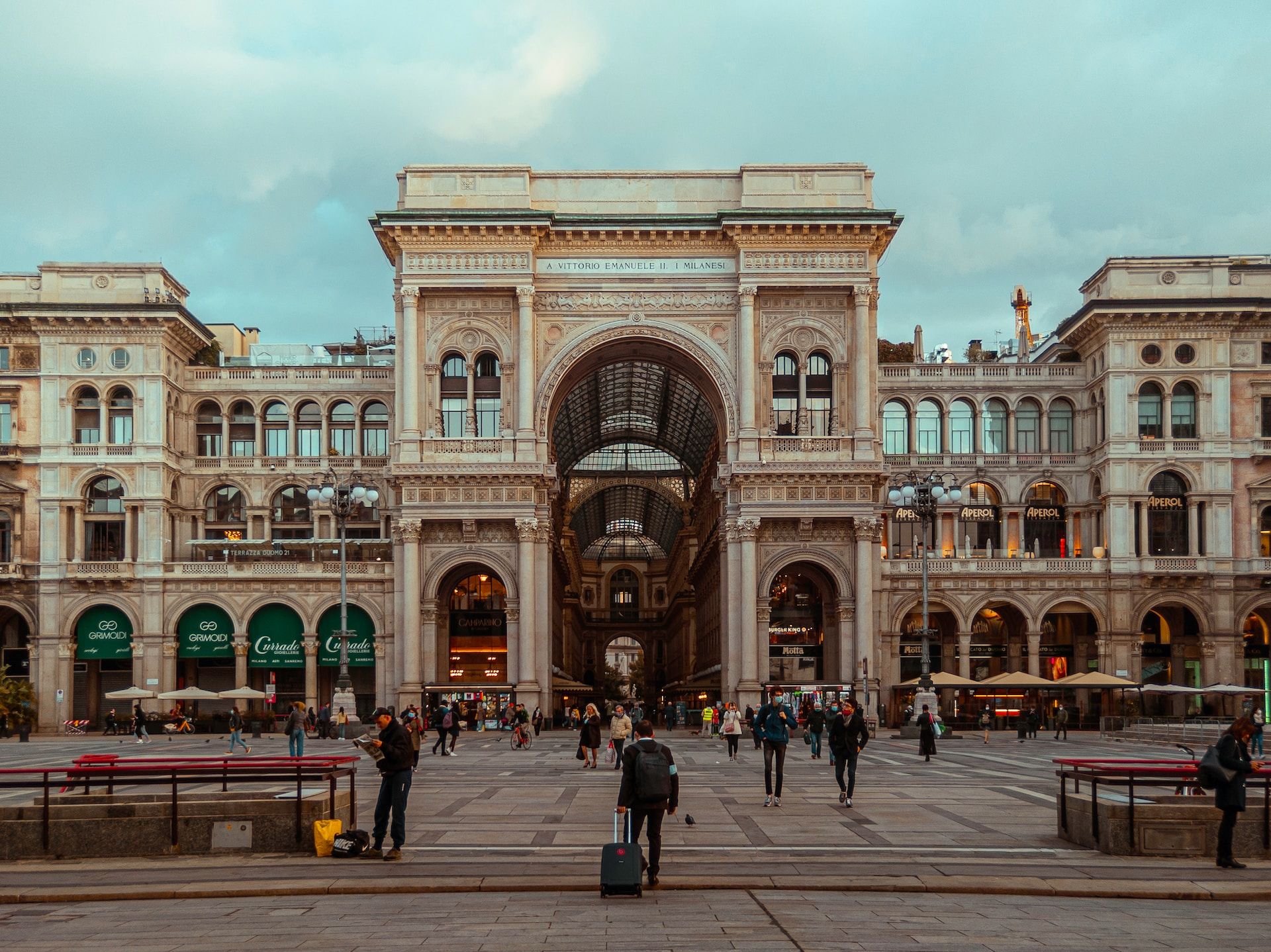 View of the front of the Galleria Vittorio Emanuelle II in Milan, Italy