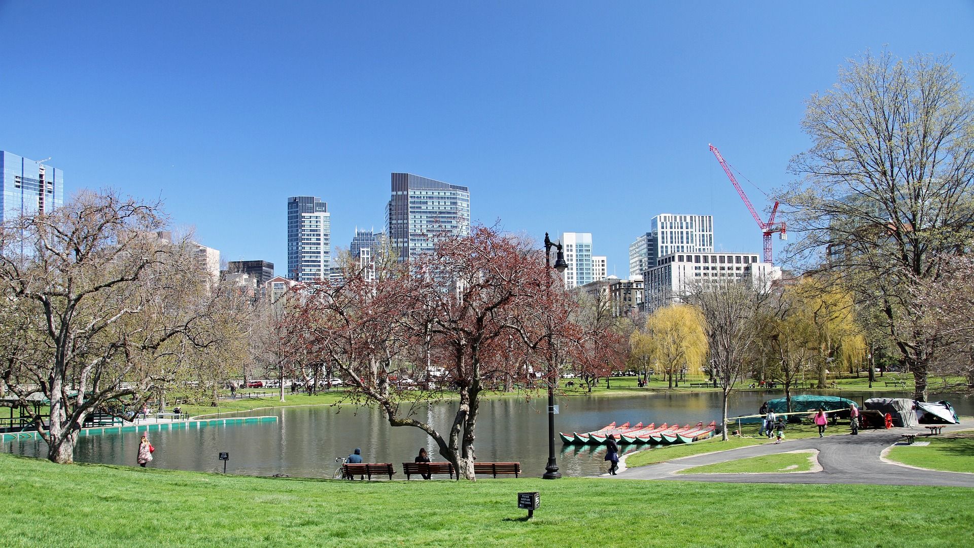 Boston Public Garden with hotels and trees
