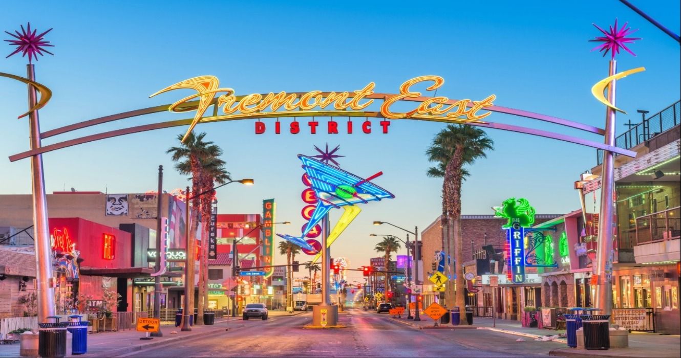 The famous Fremont Street in Las Vegas at night as the sun sets