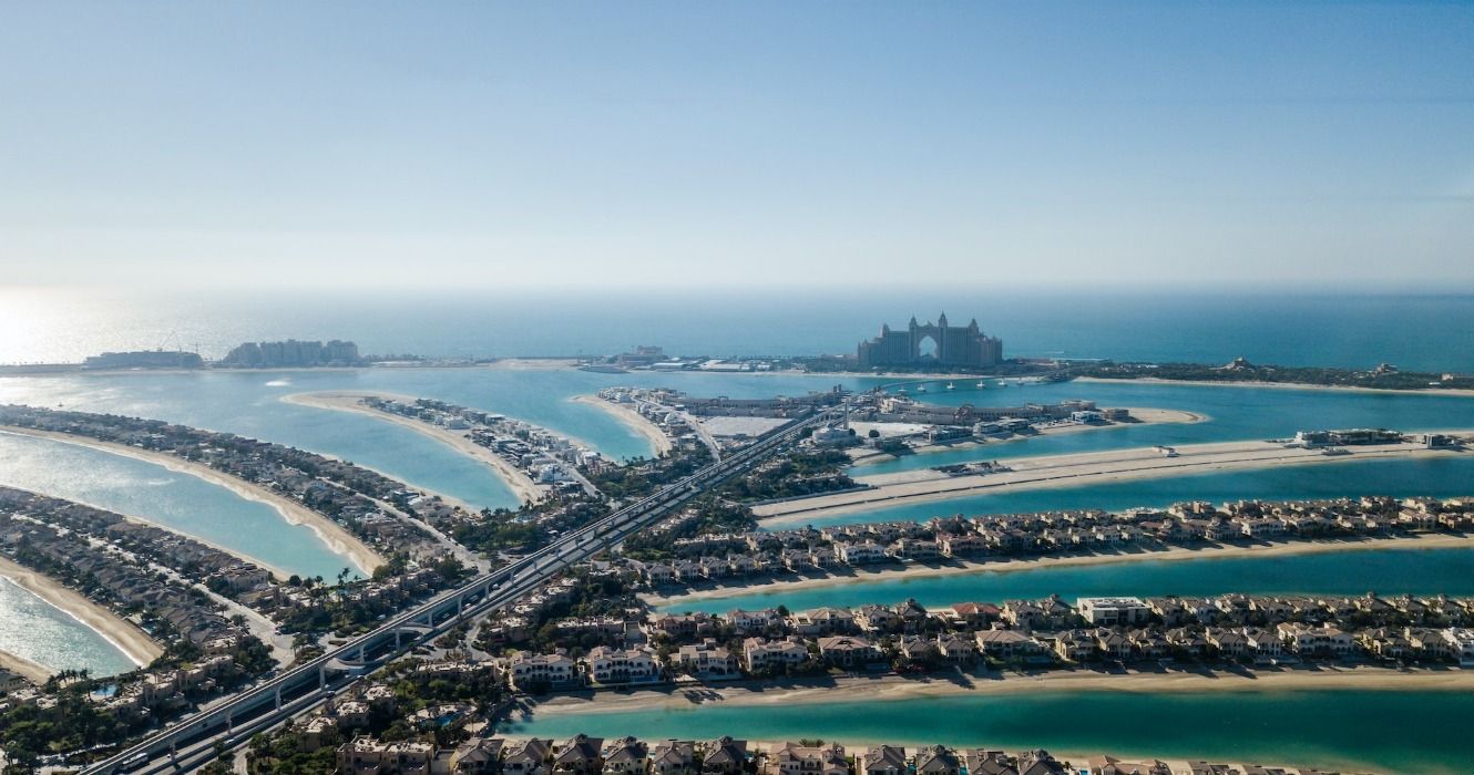 An aerial View of Palm Jumeirah in Dubai, UAE