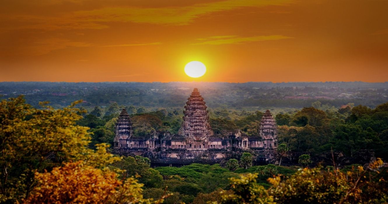 Angkor Wat Temple, the largest religious structure in the world at sunset in Siem Reap, Cambodia