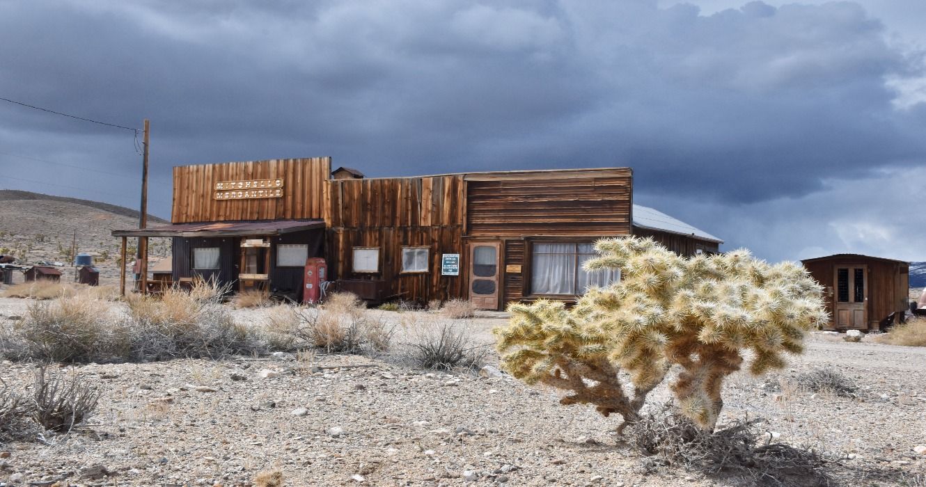 The ghost town of Gold Point in Nevada, USA, with abandoned houses, cars and no people. 