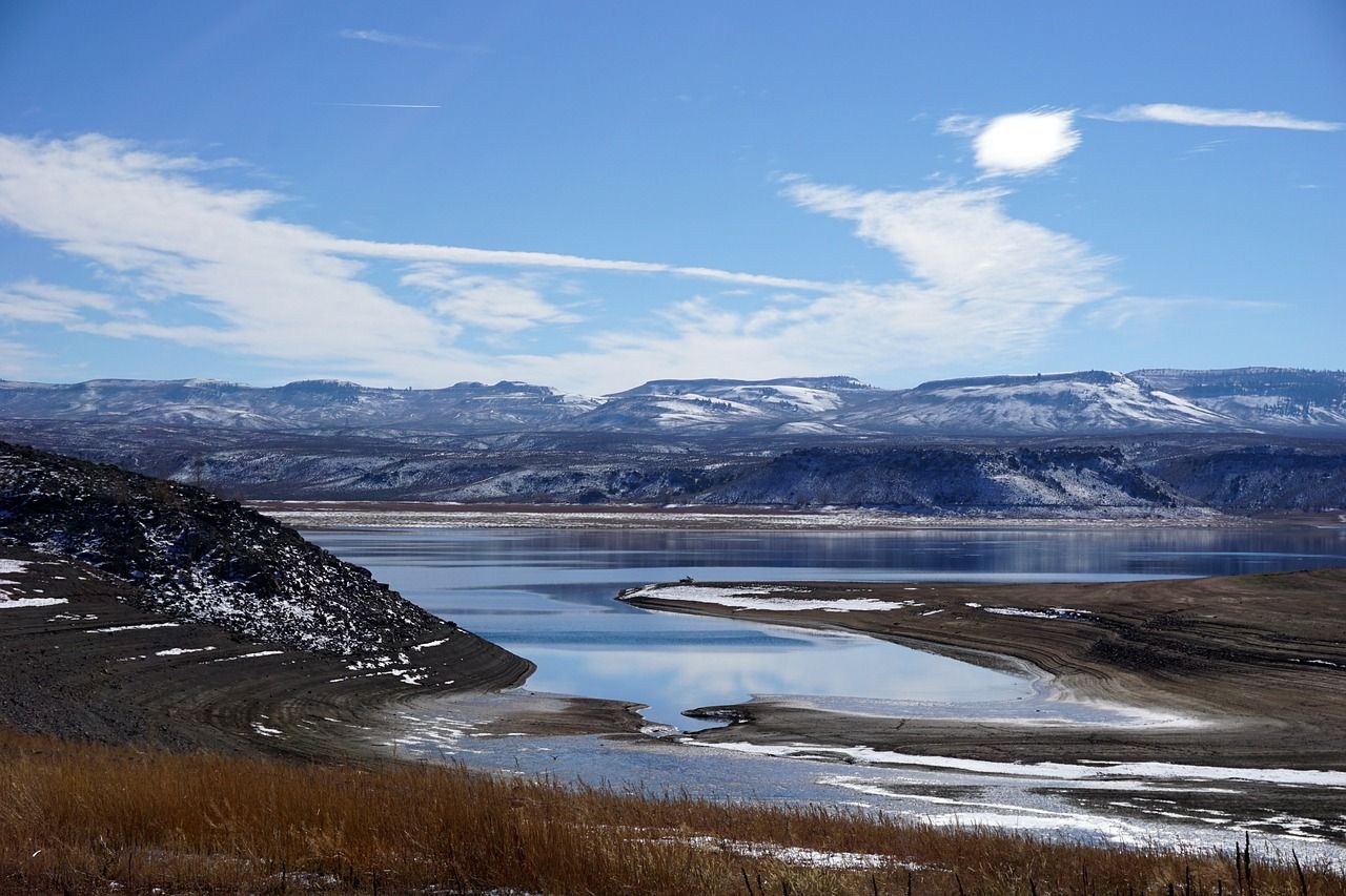 View of snowcapped mountains near Blue Mesa Reservoir in Colorado