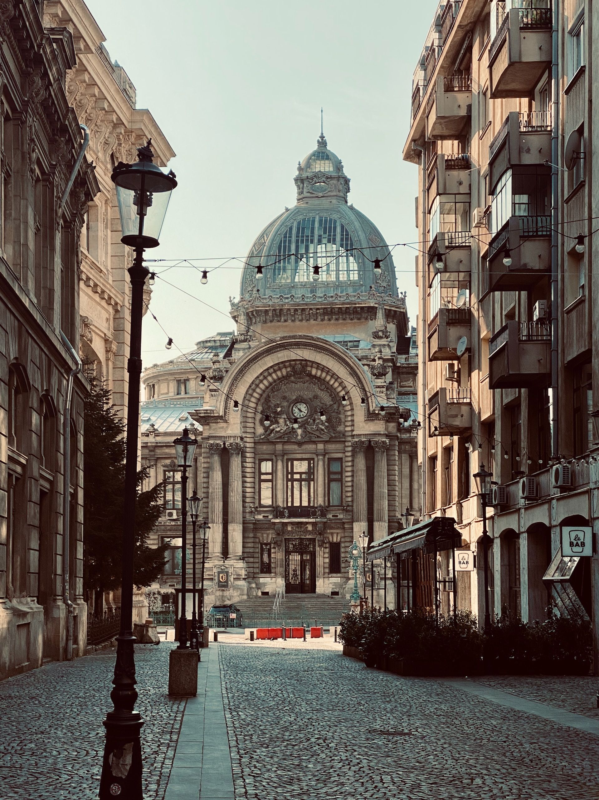 Historic cobbled streets and architecture in Bucharest, Romania