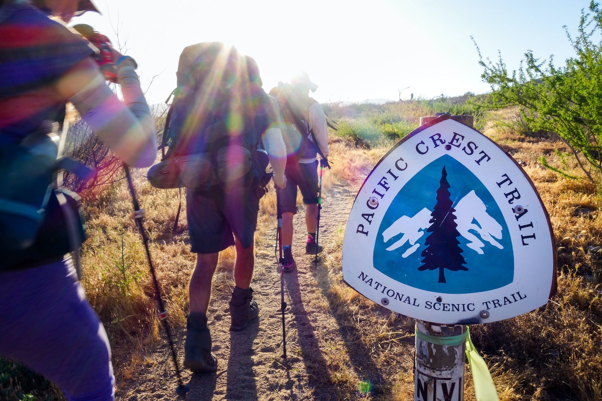 Sign of the Pacific Crest Trail with three people walking beside it