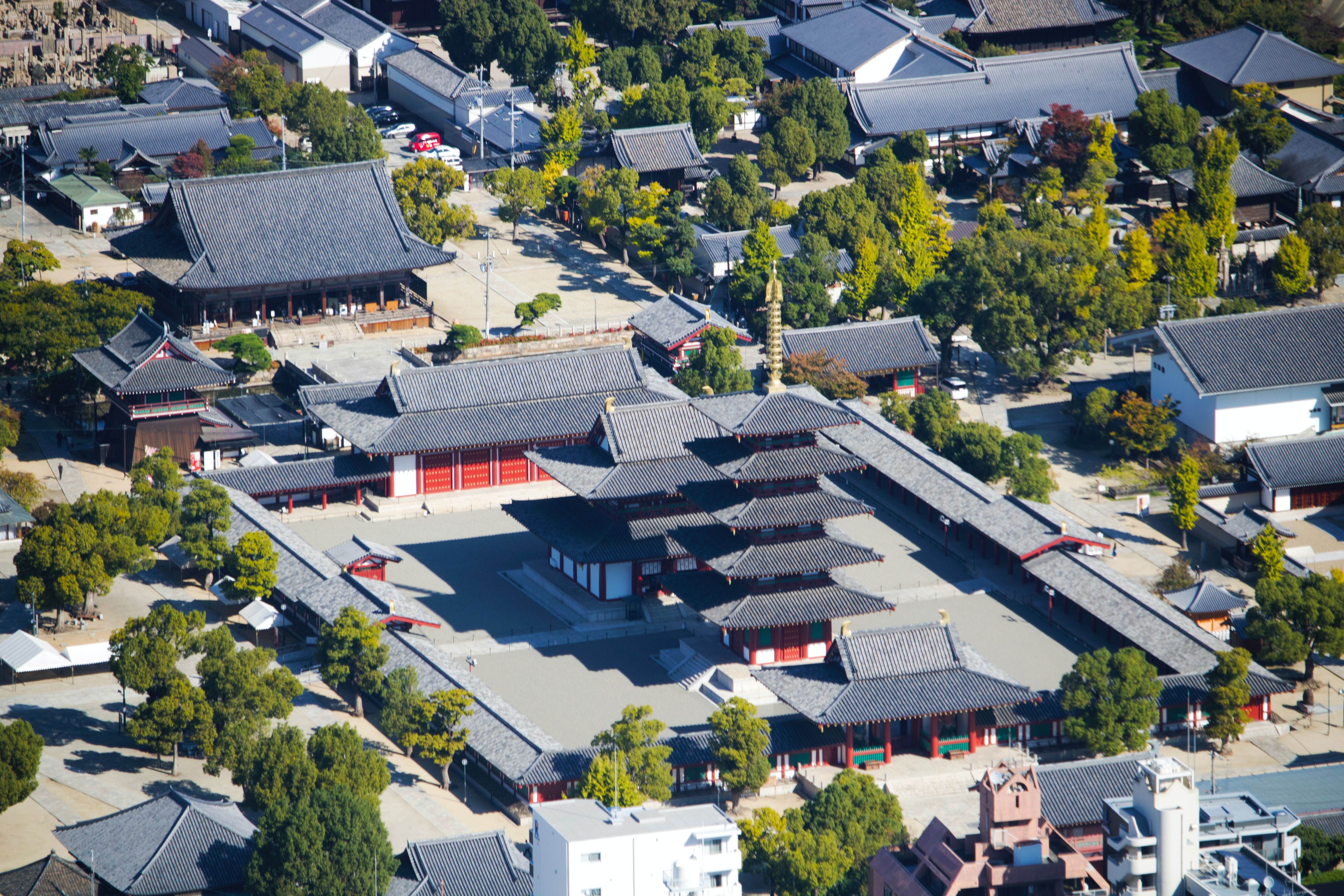 Aerial view of Shitennoji Temple in Osaka