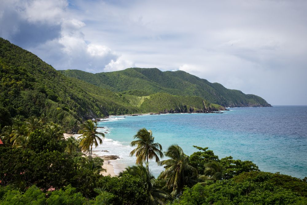 Blue waters and lush hillsides on the St. Croix coastline