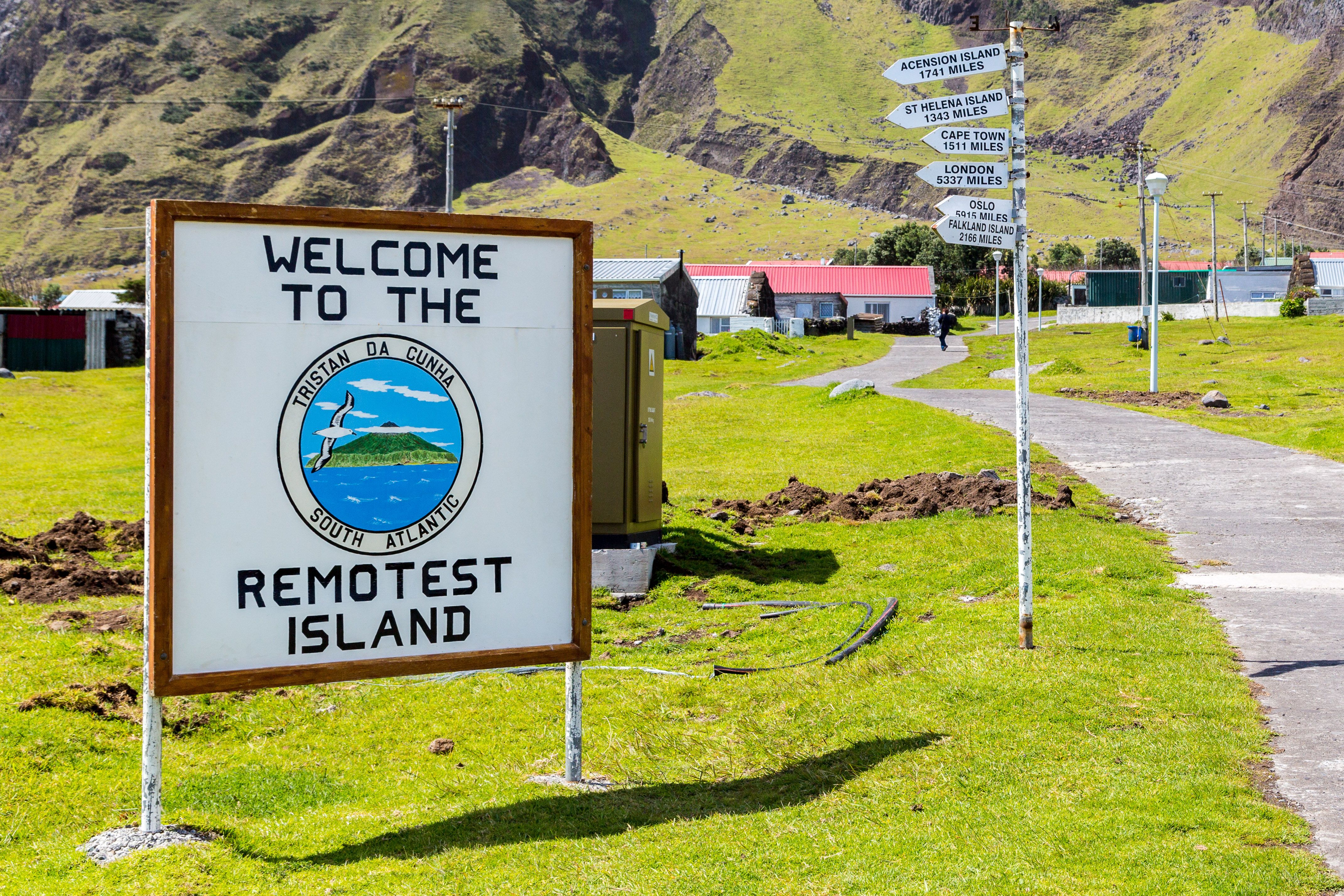 The "most remote island" sign on Tristan da Cunha island