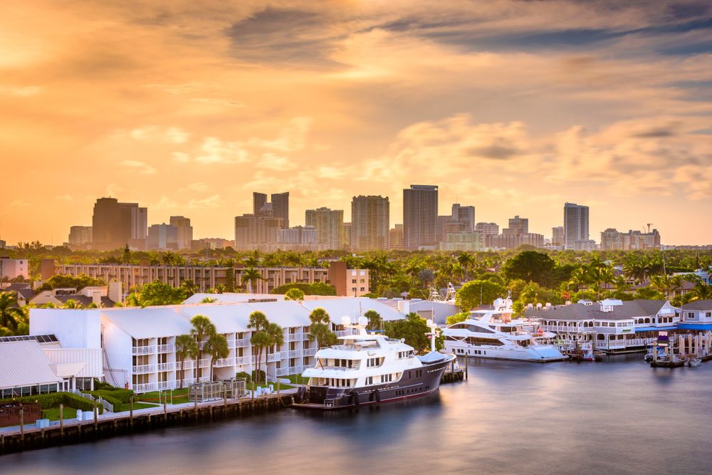 The skyline and river at dusk in Fort Lauderdale, Florida, USA 