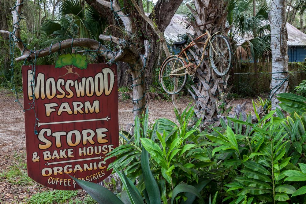 A farm and store signpost in Micanopy, Florida, USA