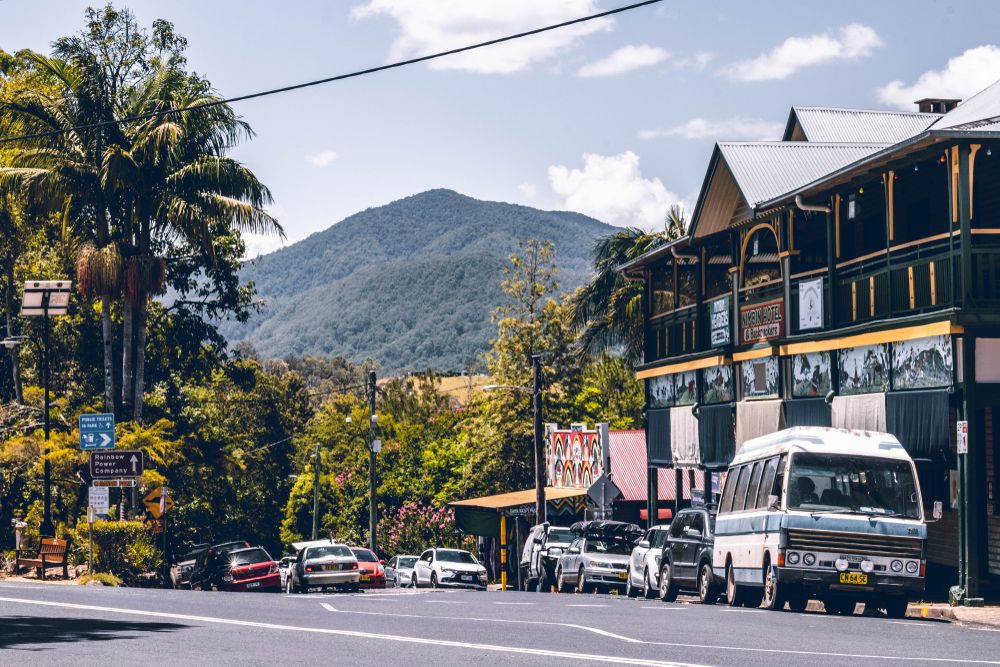 A picturesque street in Nimbin, NSW, Australia