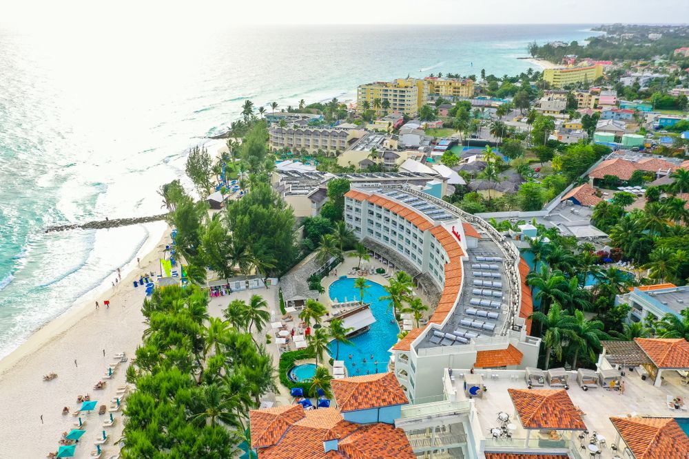 Aerial view of the Sandals Royal Bahamian hotel and its pool