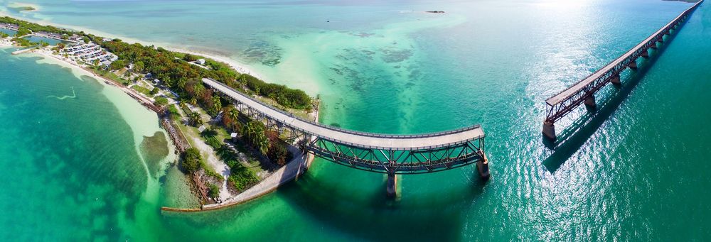 Bahia Honda Bridge panoramic aerial view on the Overseas Highway, Florida.