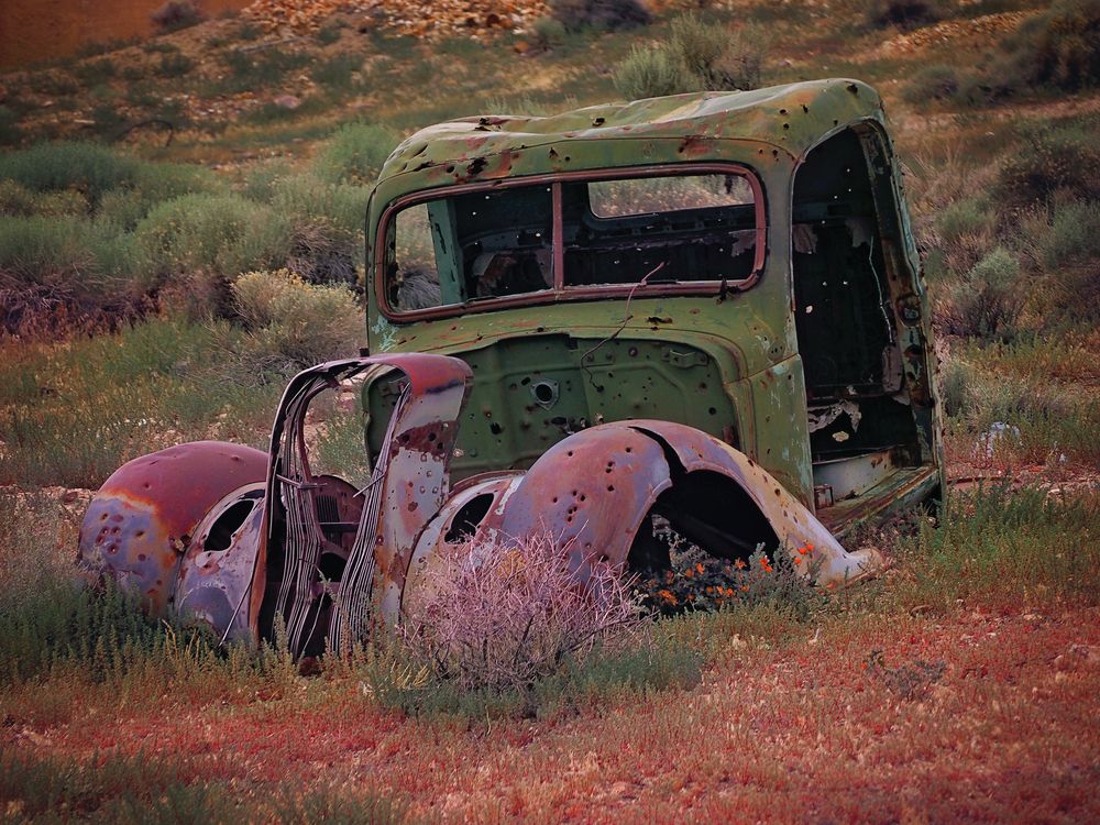 An abandoned old car in the Seven Throughs ghost town area of Nevada, USA