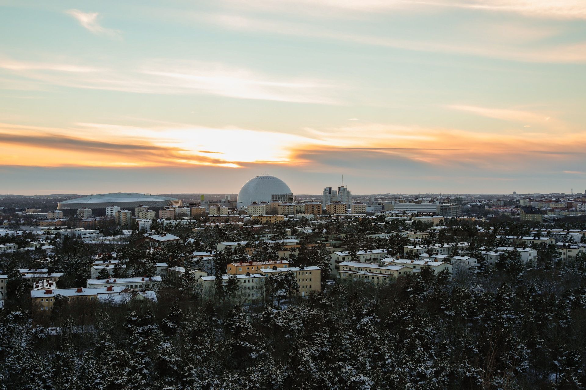 A view of the city's skyline with the Avicii Arena, or Globen, in the background.