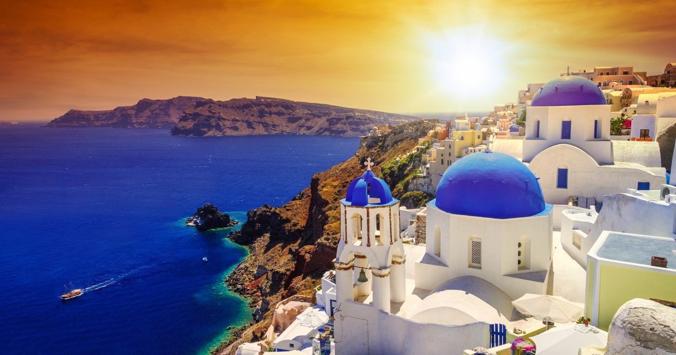 Sunset over Oia town In Santorini Island, Greece