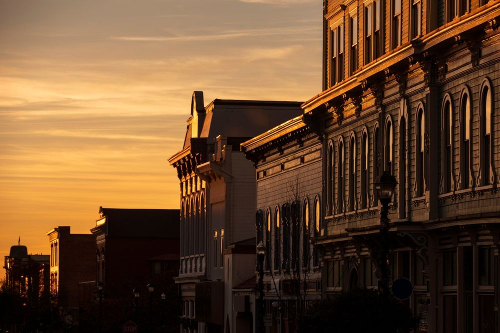 Sunset skyline view of the historic architecture, Eureka, California