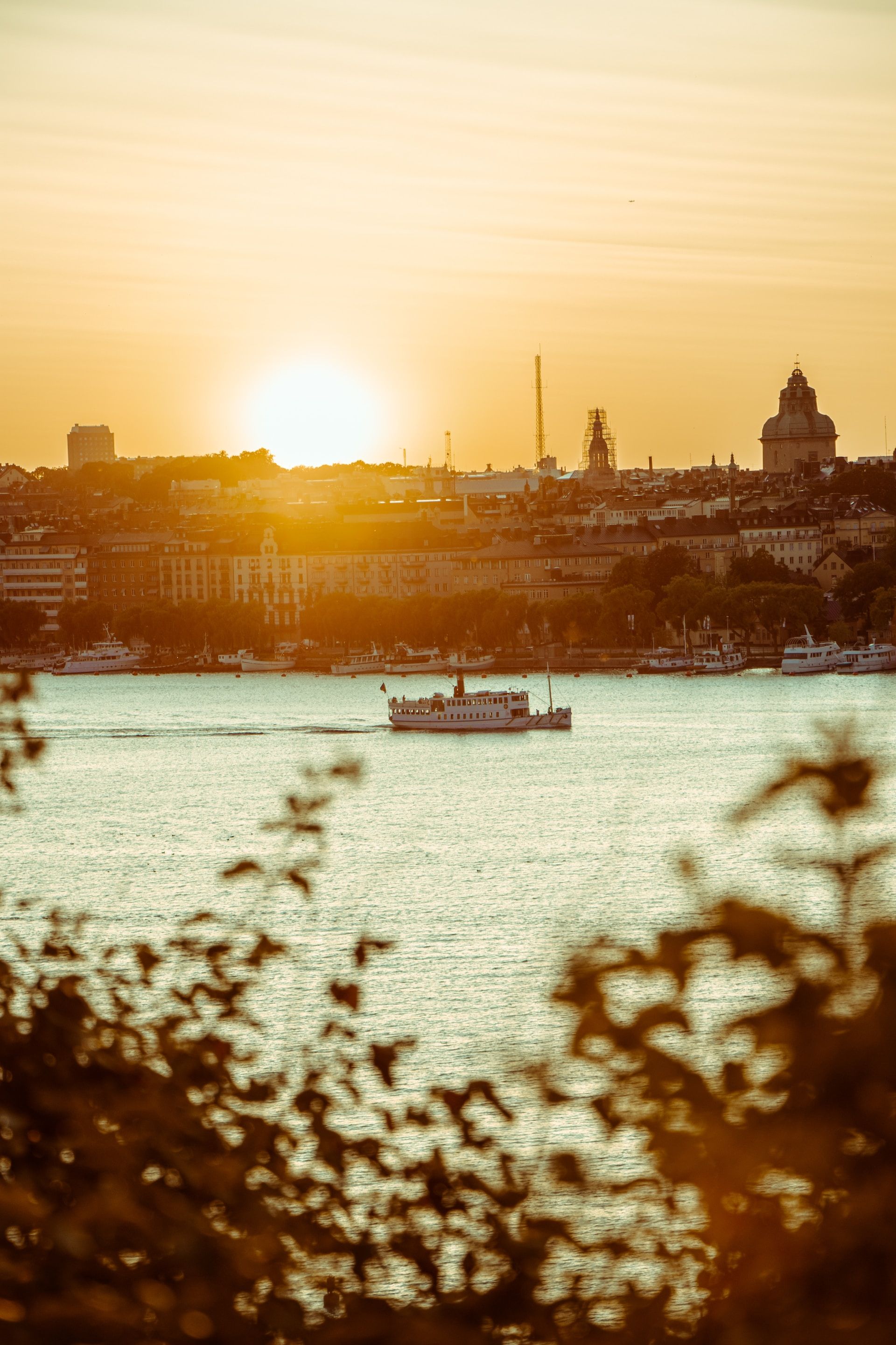 A golden sunset over Stockholm's skyline.