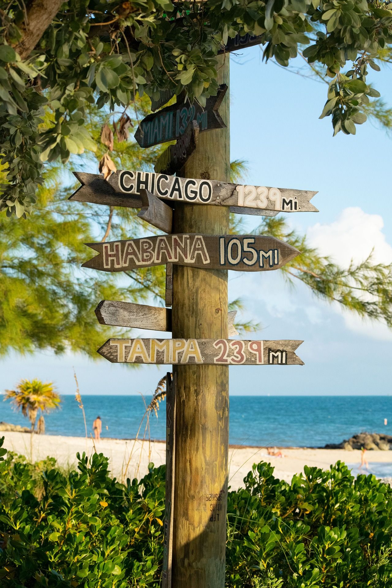 Signs to different Floridian towns and cities at the beach