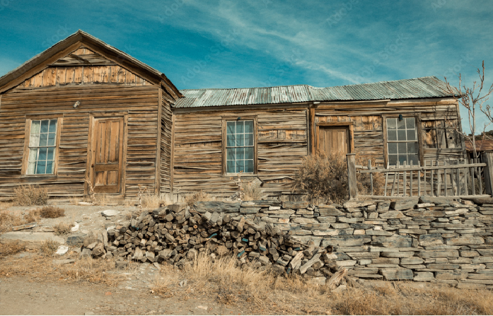 Wood building in Belmont mining ghost town in Belmont, Nevada, USA