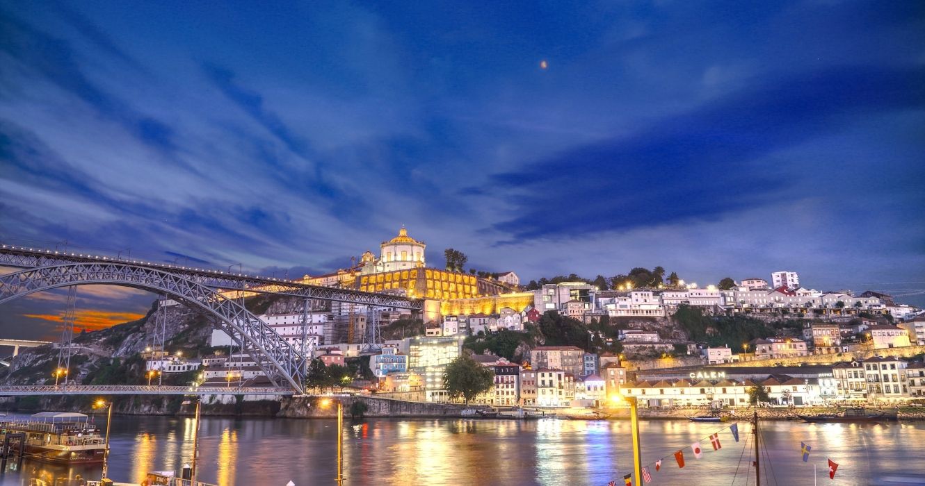 A night capture from Porto's iconic arch bridge and the monastery Serra do Pilar