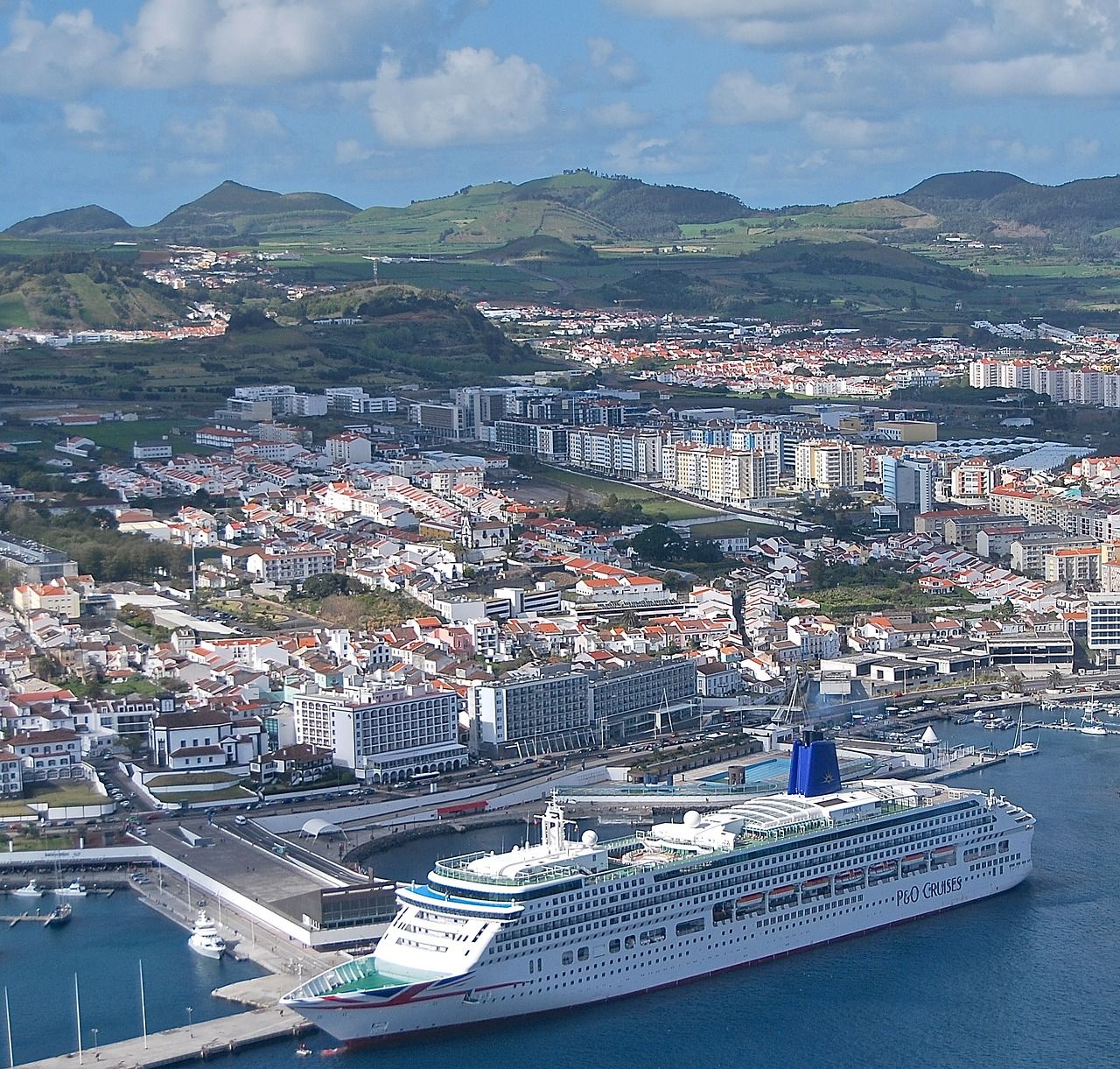 Aerial view of cruise ship at Ponta Delgada