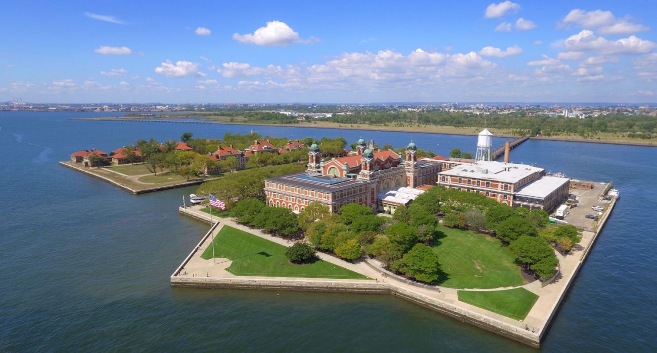Aerial view of Ellis Island in New York Harbor