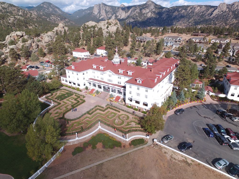 Aerial view of the Stanley Hotel in Estes Park Colorado