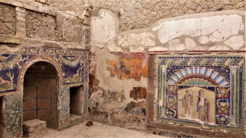 Ancient colourful mosaics in Herculaneum, Italy