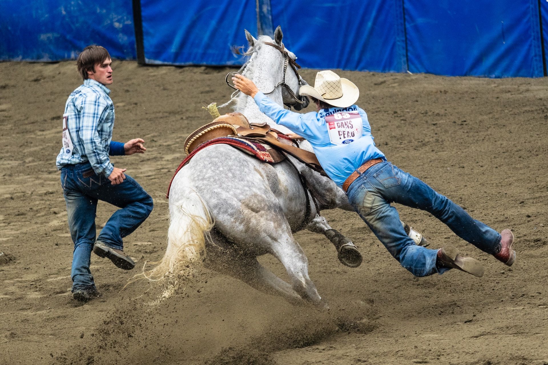 Two cowboys running after a wild horse in a Rodeo