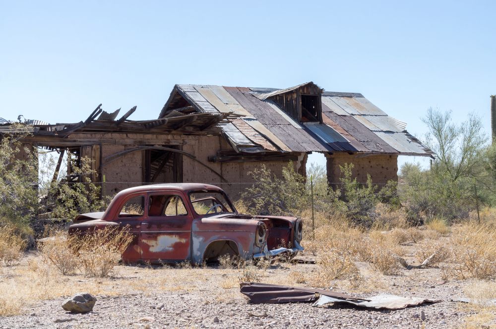 Arizona Ghost Town Vulture City - Abandoned building & Rusted Old Car