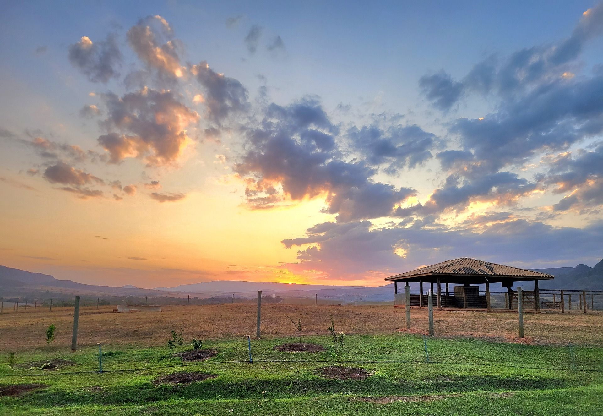 View of a green field and cloudy sky at sunset in Serra Da Canastra National Park, Brazil