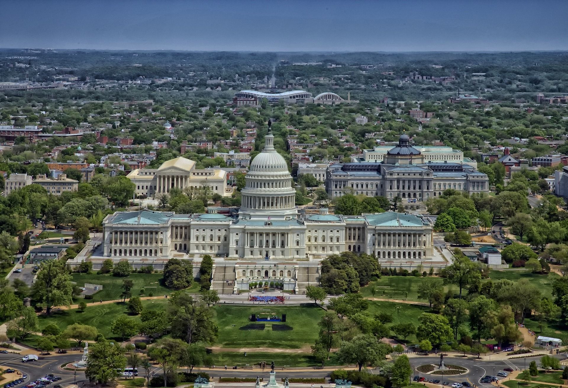 An aerial view of Washington DC with capitol building