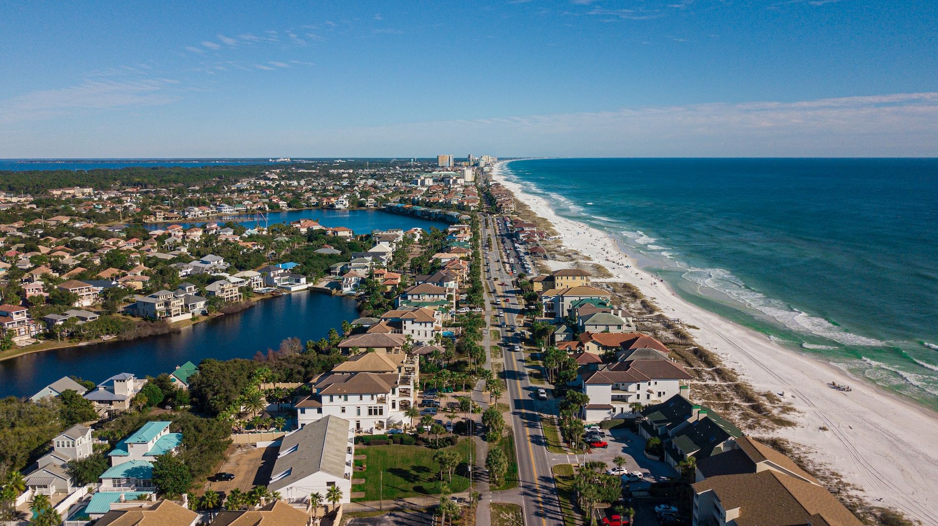 Drone shot of beach and houses in Destin FL
