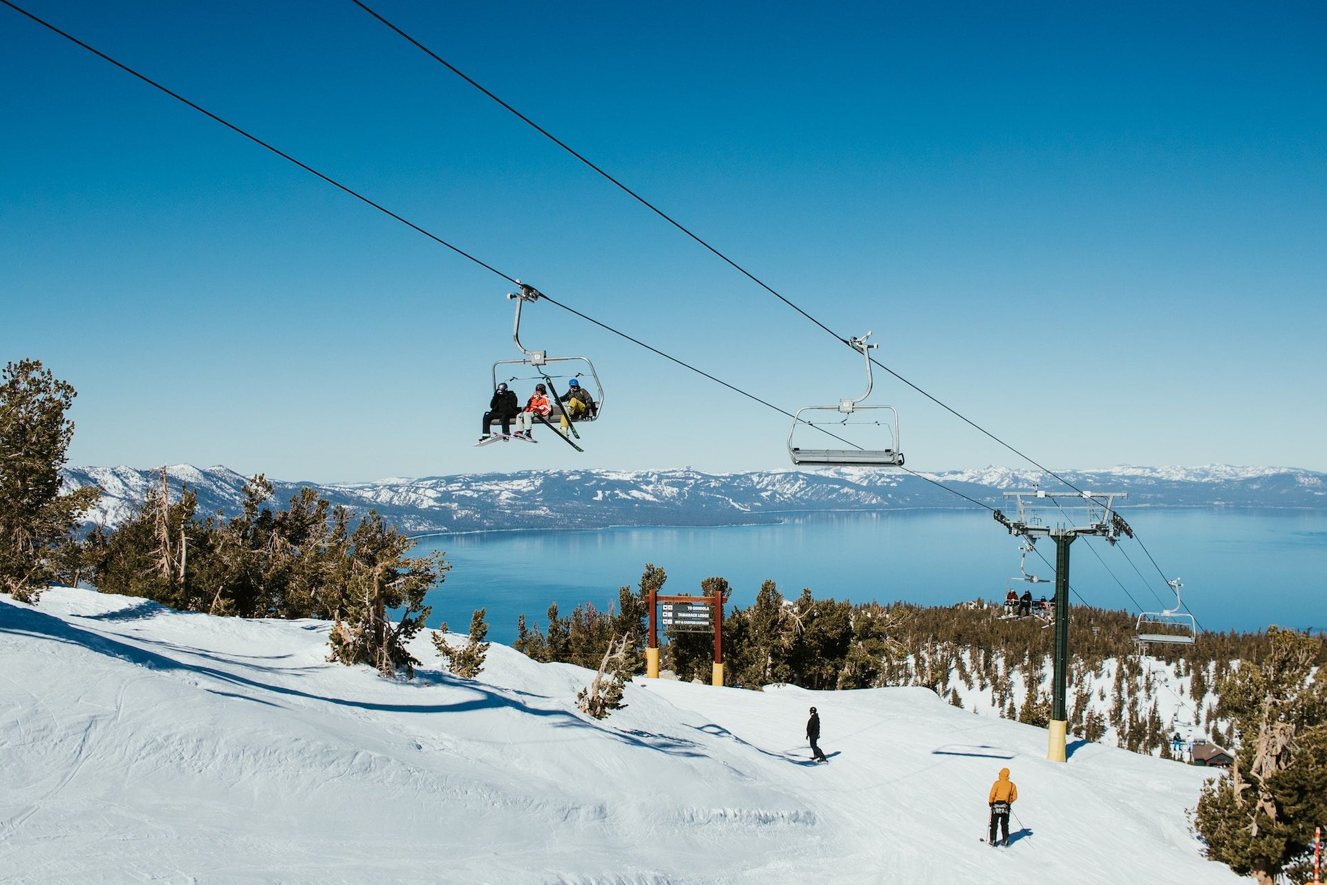 People riding the sky lifts at Heavenly Ski Resort, Lake Tahoe, California, USA