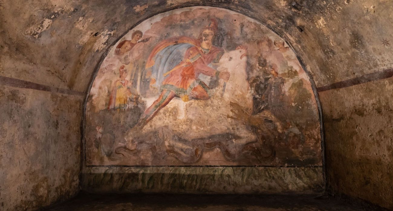 Fresco Representing the Mithras divinity killing a white bull in a Mithraeum