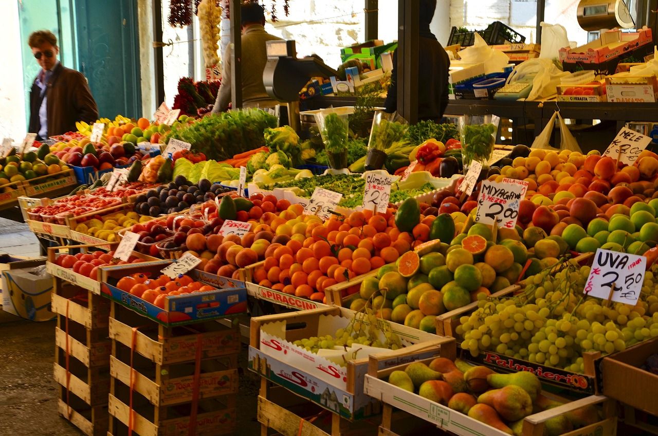 Rialto Market's fresh produce stalls in Venice, Italy