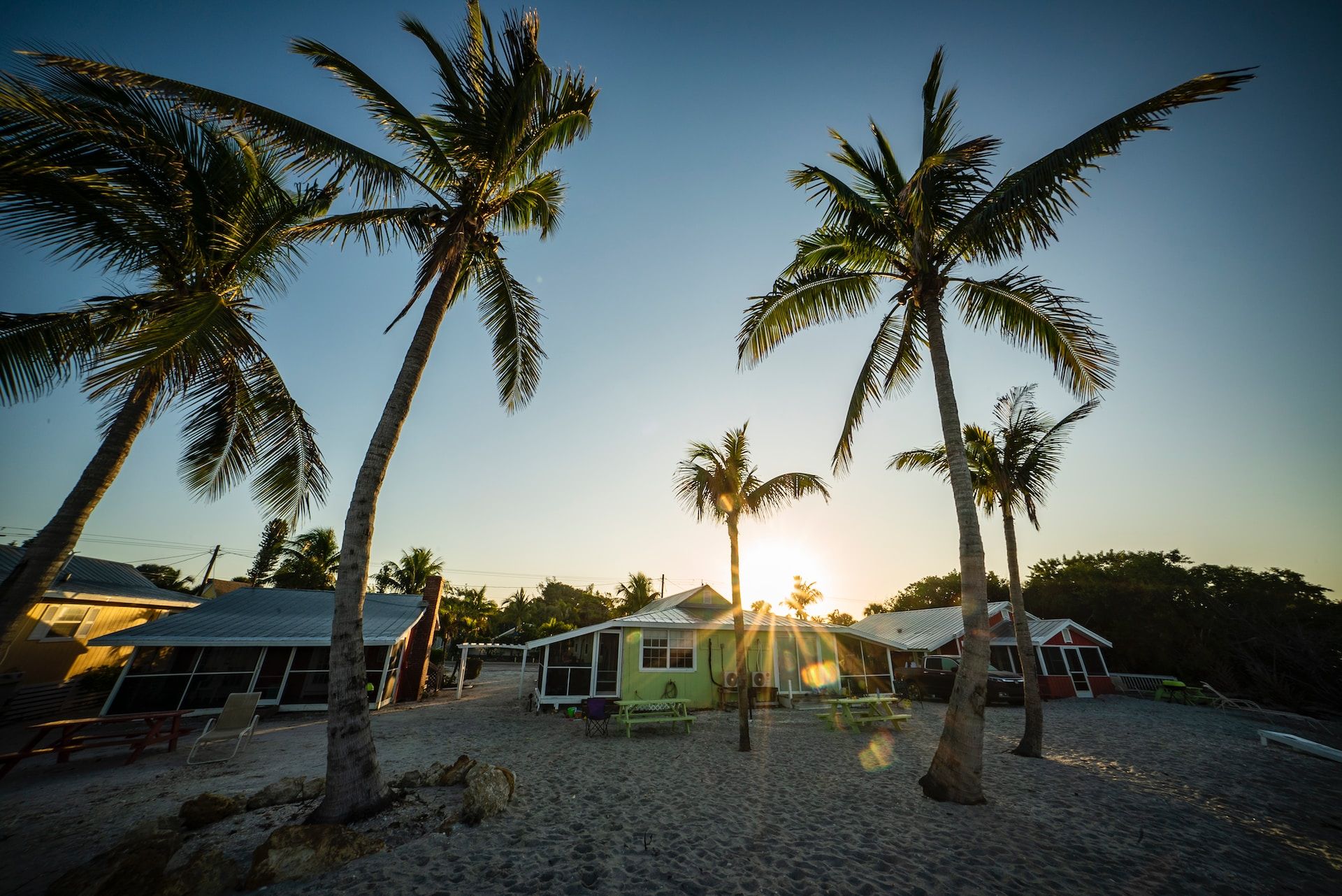Colorful beach shacks on Sanibel Island, Florida, USA