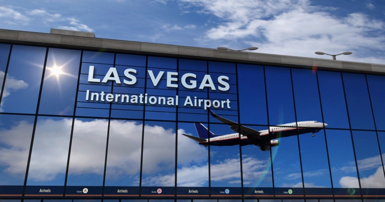 Jet aircraft landing at Las Vegas International Airport, Nevada