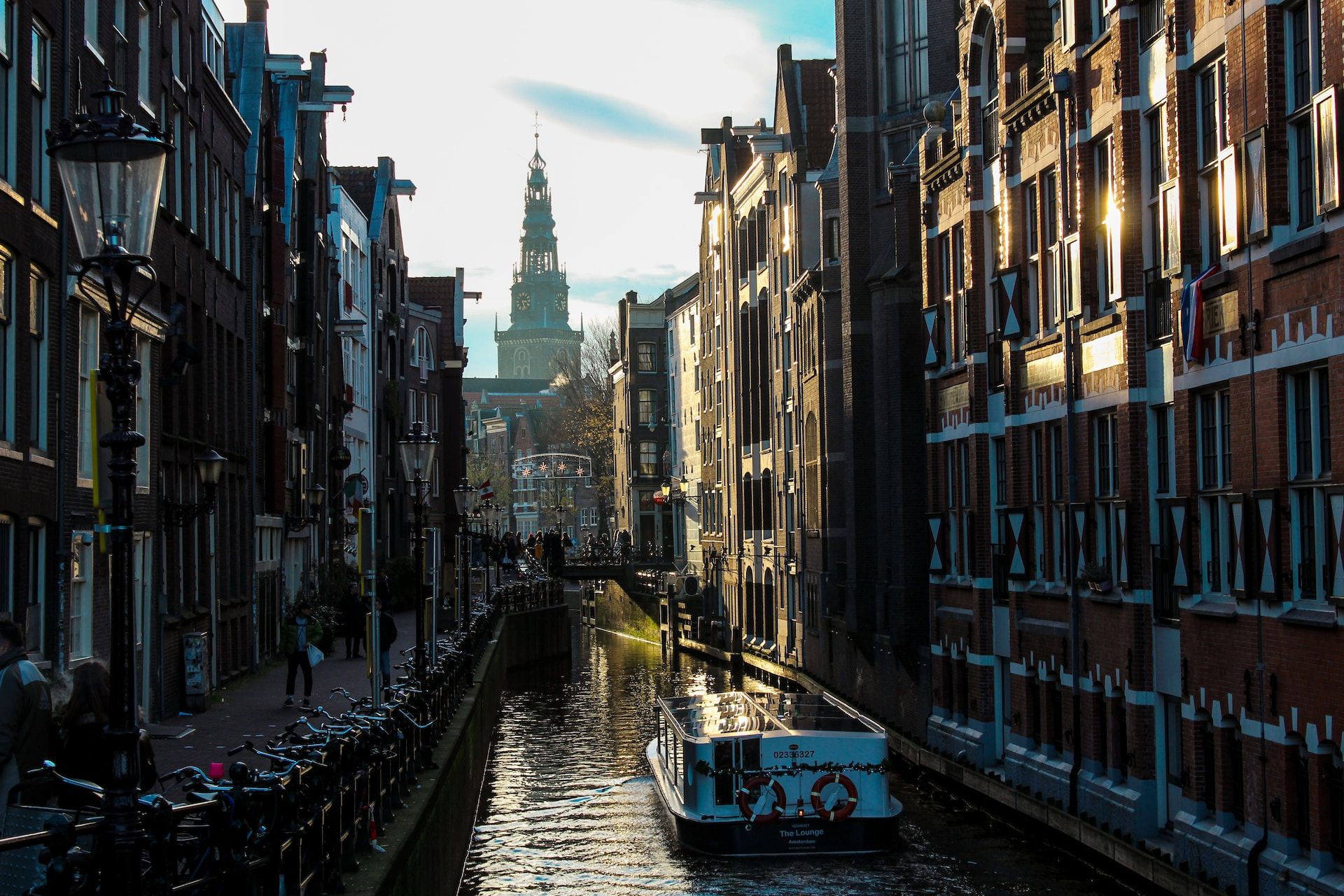 A church behind a canal in Amsterdam