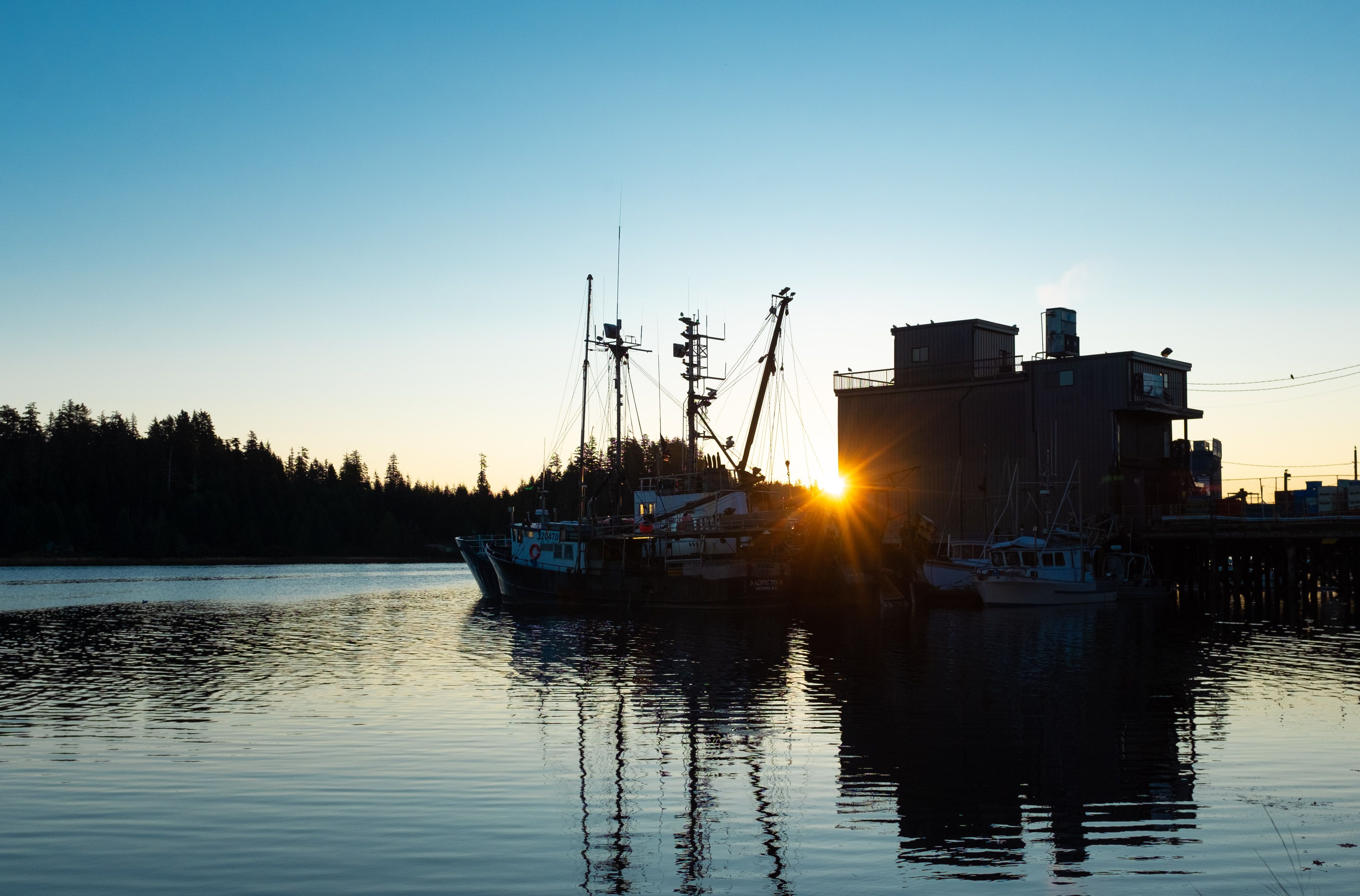 Boats on the water near a building in Ucluelet, Canada