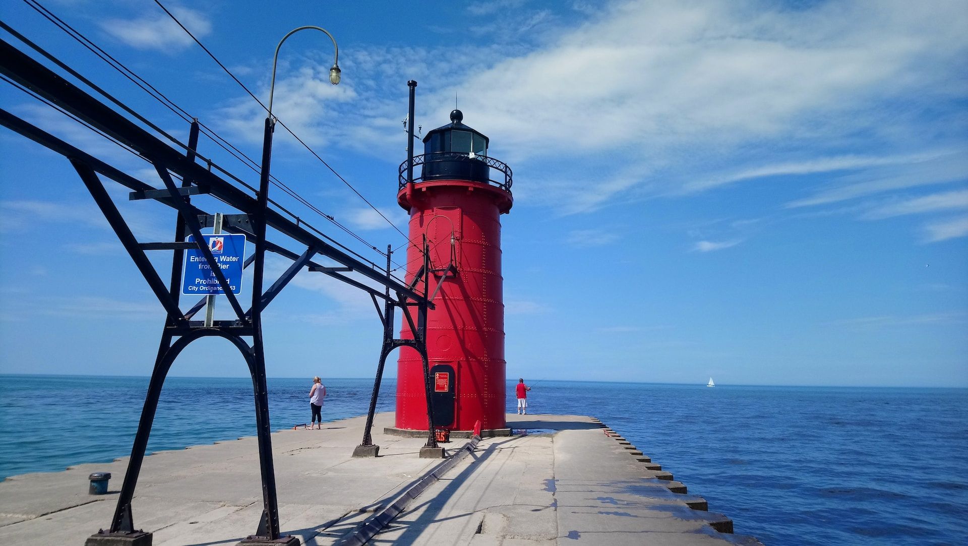 Red and white lighthouse in South Haven in Michigan