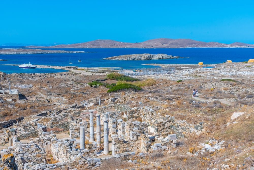 Panoramic view of ancient ruins on Delos Island in Greece
