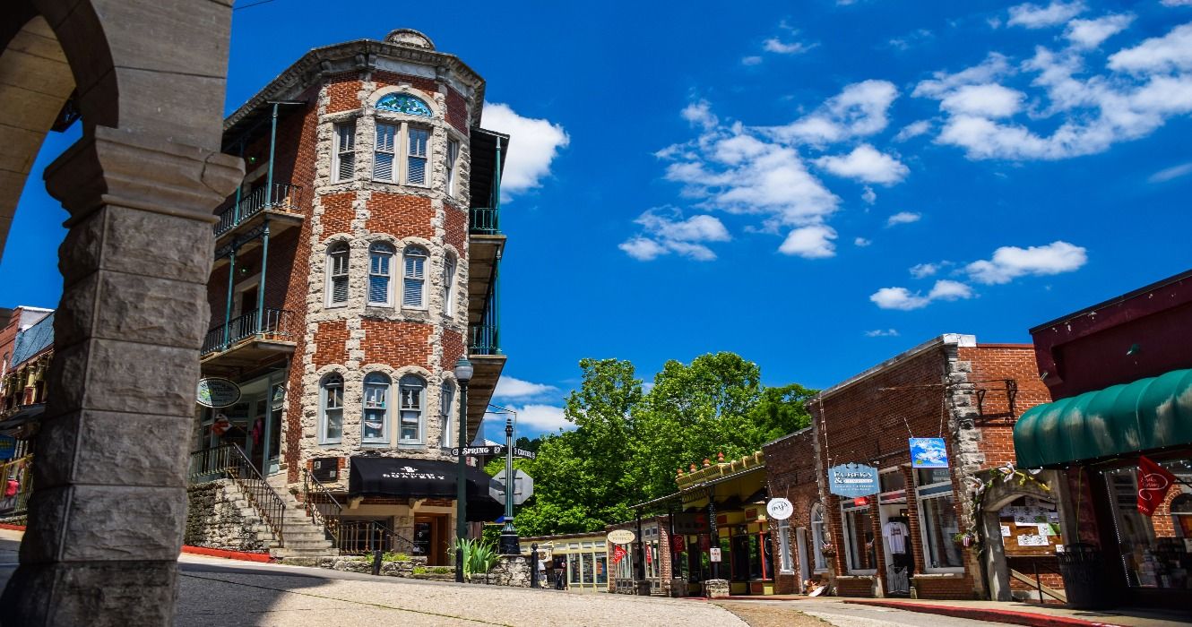Historic downtown Eureka Springs, Arkansas, with boutique shops and famous buildings