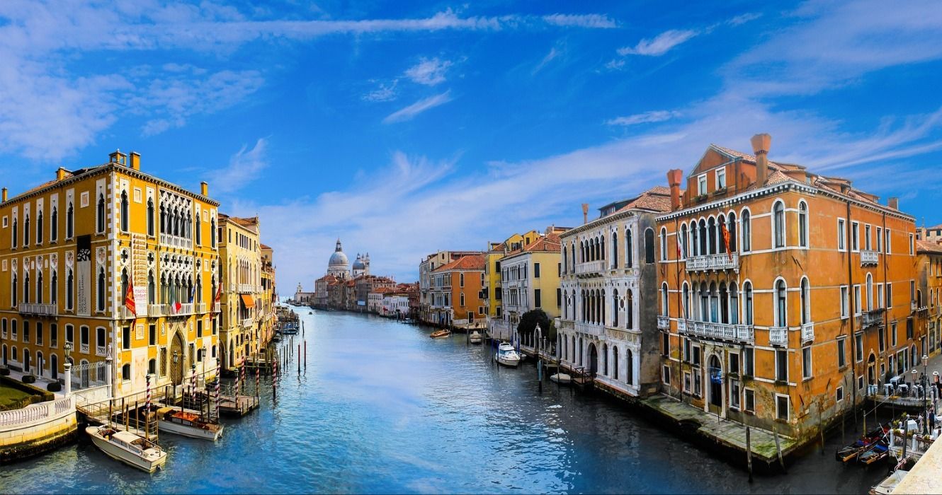 A panoramic view of the buildings and canals of Venice, Italy