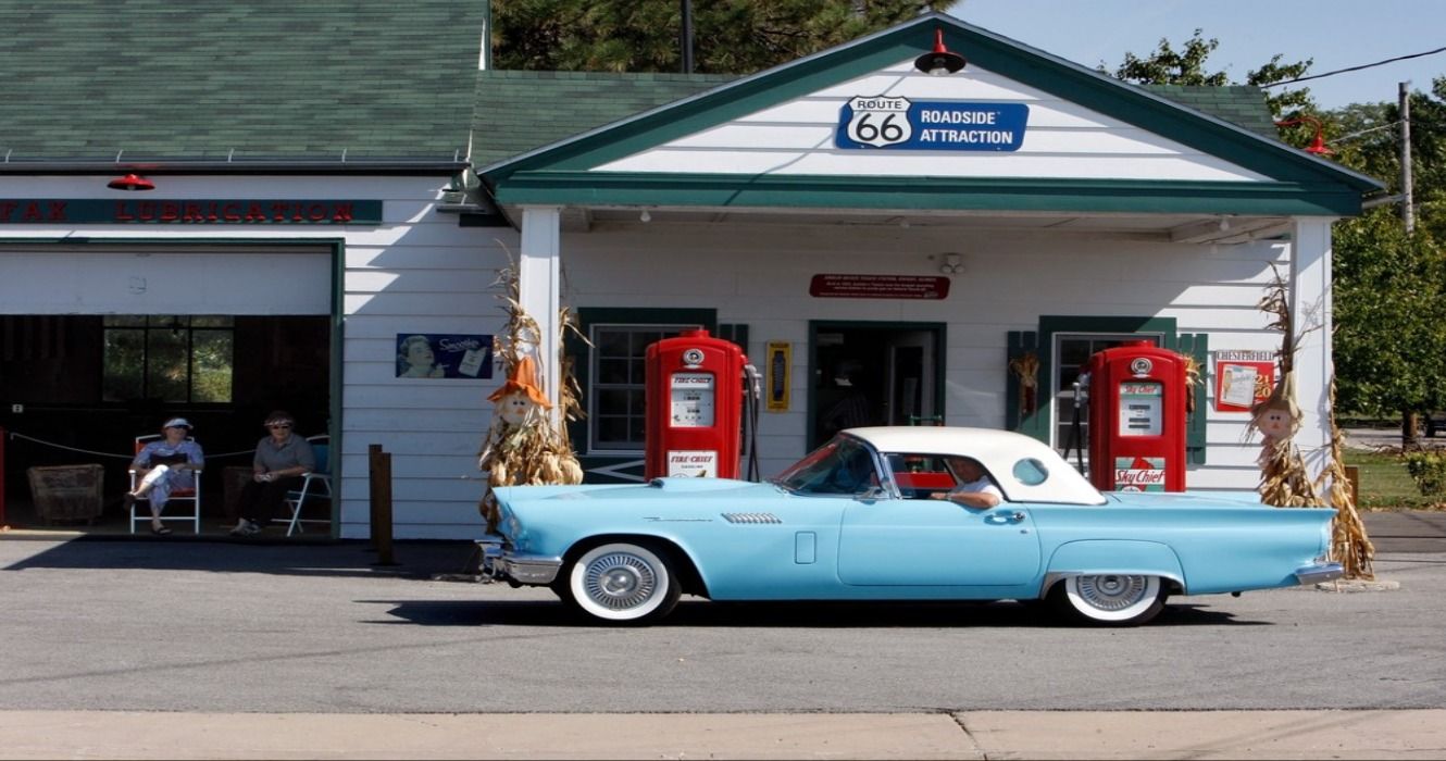 Old Ford Thunderbird at Ambler Becker Texaco station in Dwight, Illinois, one of the best attractions on Route 66 in Illinois.