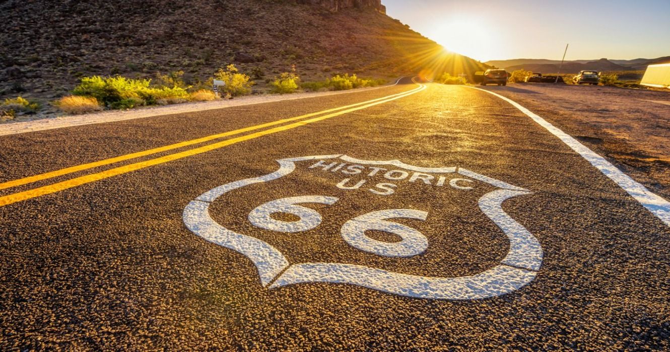 A stretch road along the Historic Route 66, one of the most famous and best road trips in the US