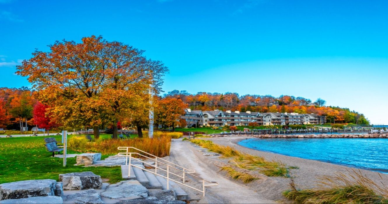 A view of the scenic Sister Bay Town coastline in Door County of Wisconsin, USA