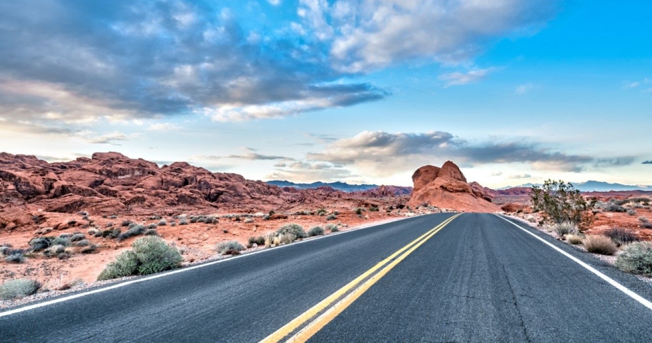 Riding on the scenic road out of the Valley of Fire near Las Vegas, Nevada